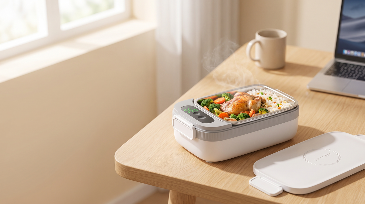 Open cordless heated lunch box with a warm homemade meal in its stainless-steel container on a sunny office desk