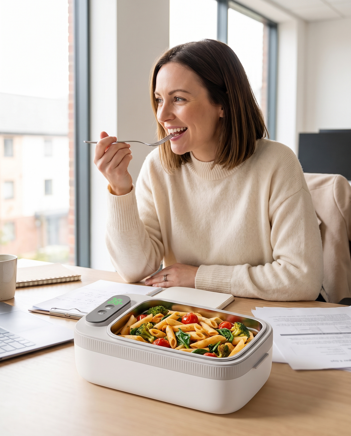 Office worker enjoying warm homemade pasta from a cordless heated lunch box at her desk