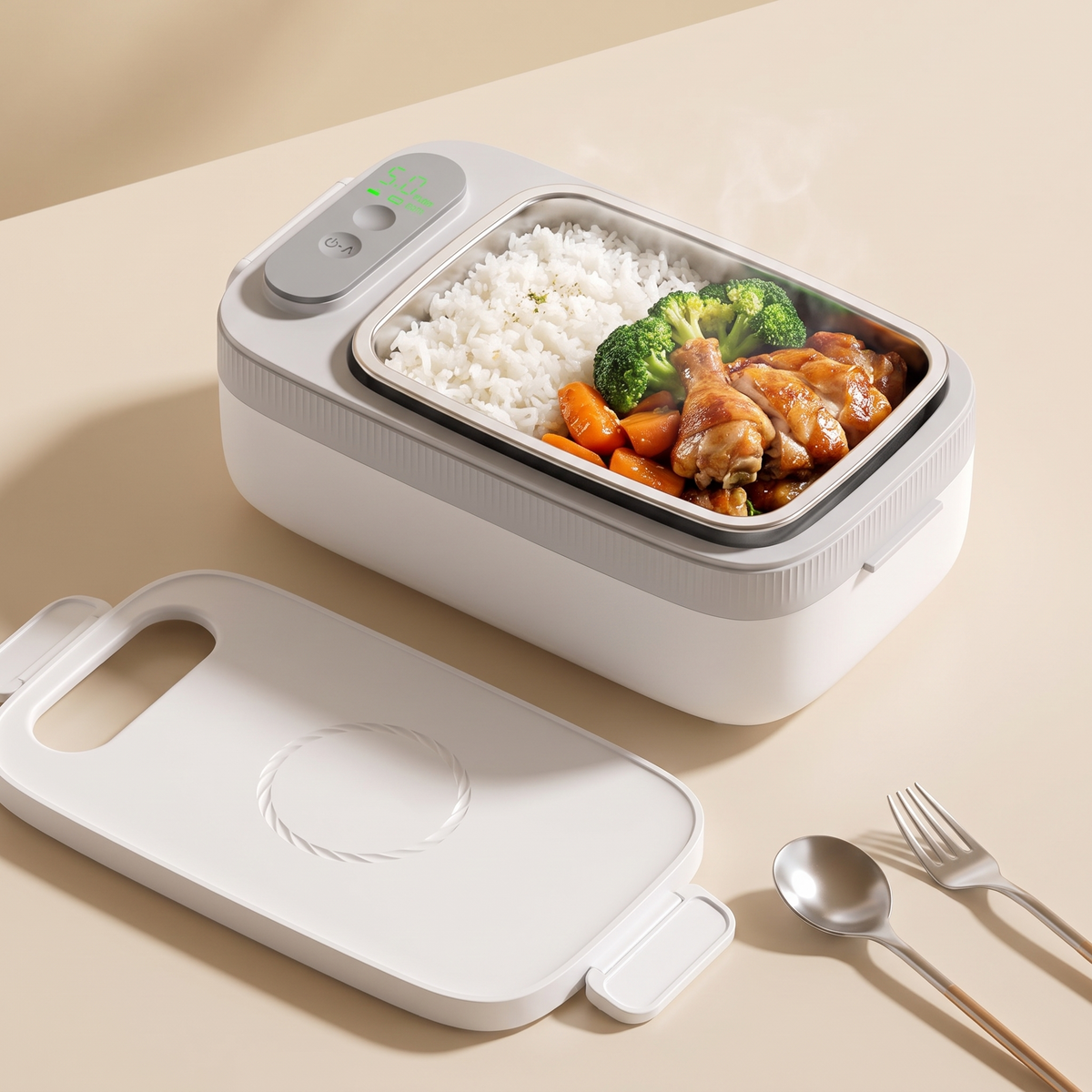 Open heated lunch box with rice, chicken and vegetables in the removable stainless-steel container, outer lid beside it