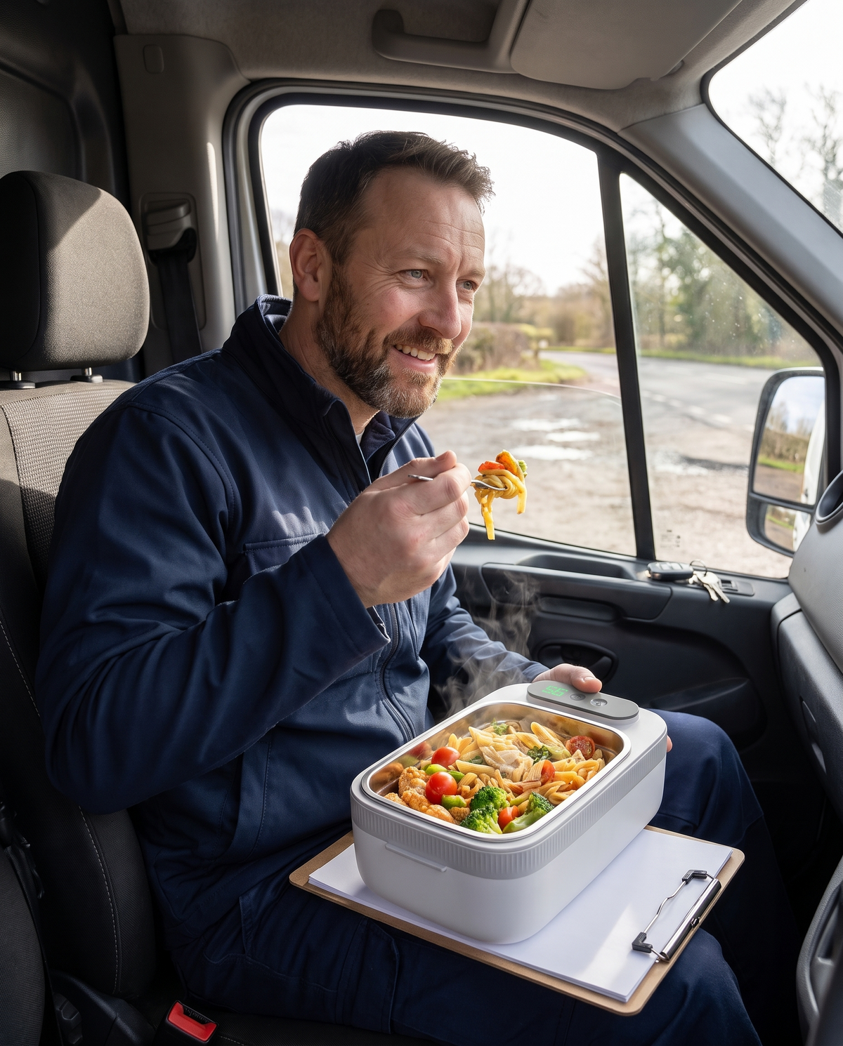 Delivery driver eating warm pasta from a cordless heated lunch box during a break in his parked van