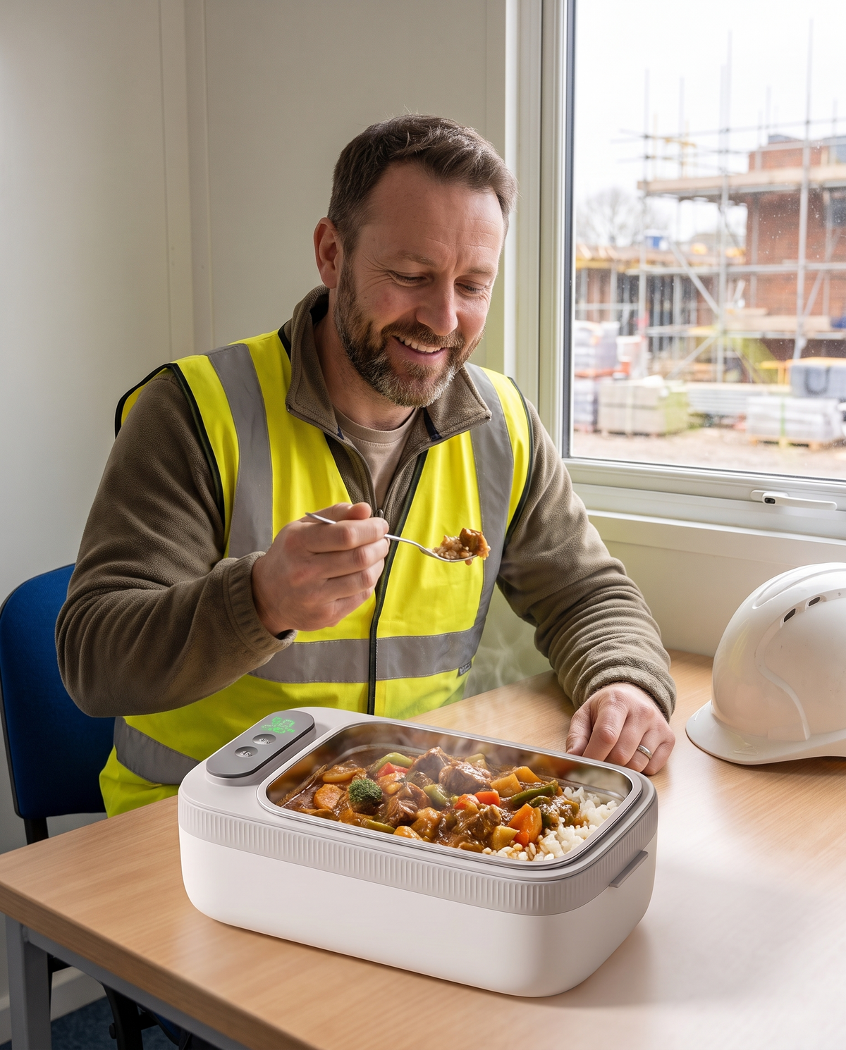 Construction worker enjoying a warm homemade stew from a cordless heated lunch box during his break in a site cabin
