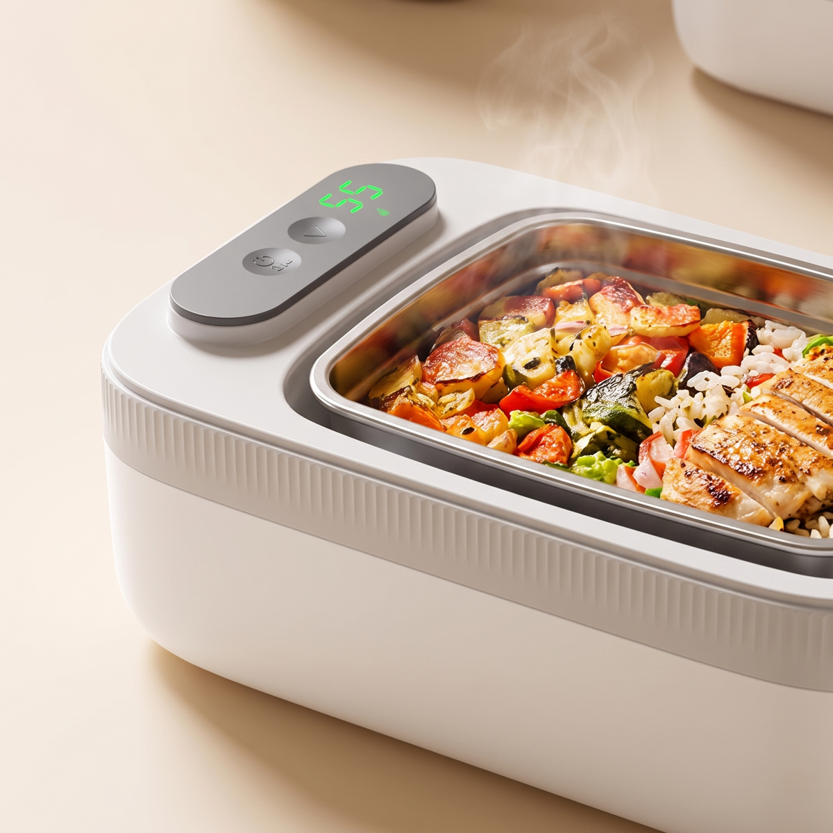 Close-up of the heated lunch box digital control panel on the base showing a 55°C setting beside a warm meal in the stainless-steel container