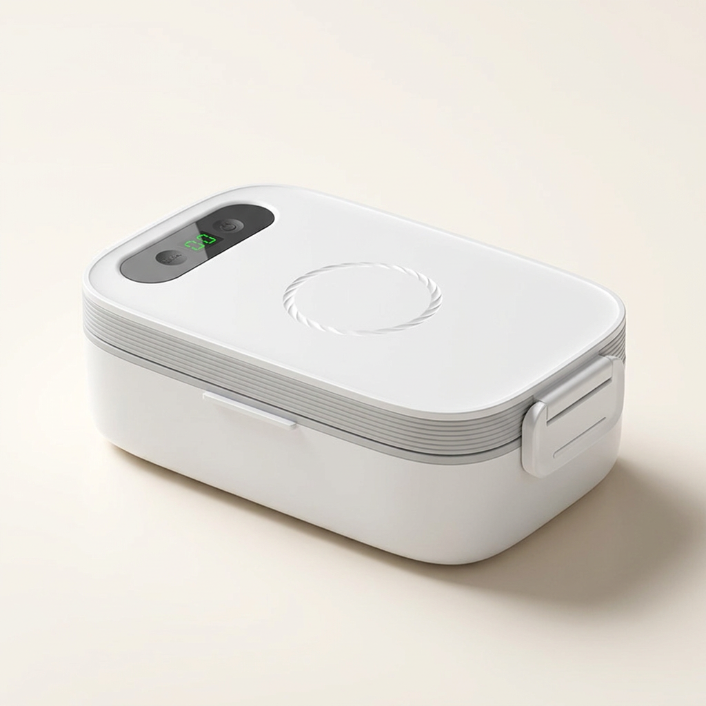 White cordless rechargeable heated lunch box, closed, showing the digital control window, embossed lid and side clip